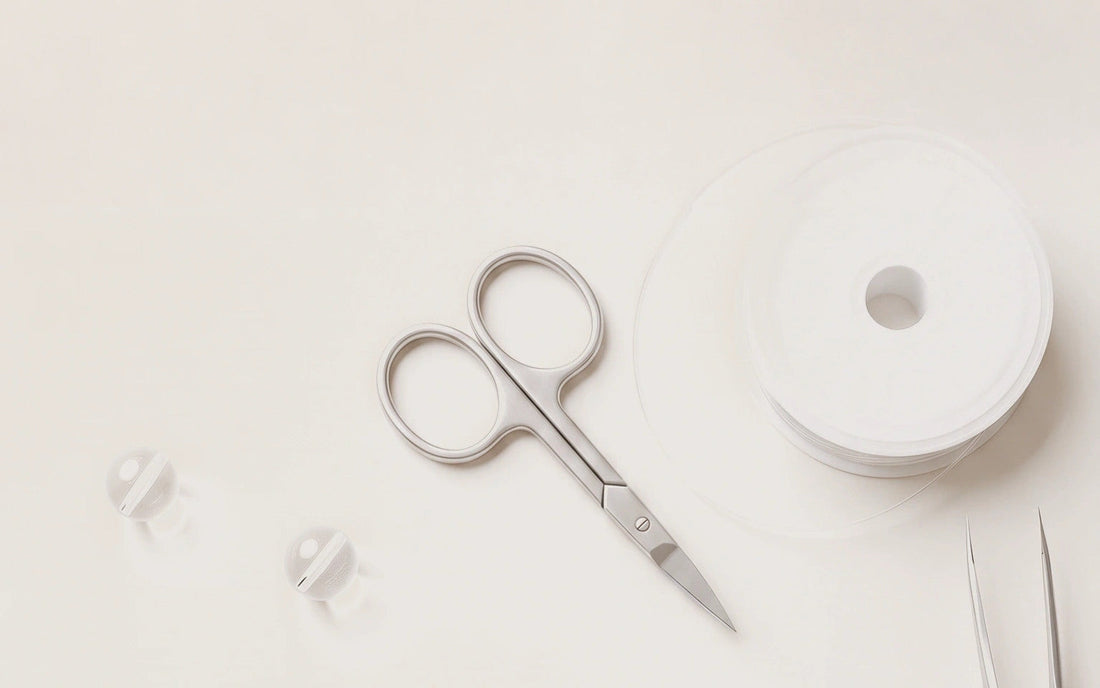 Bracelet cord, scissors, and crystal beads arranged on a clean ivory worktable